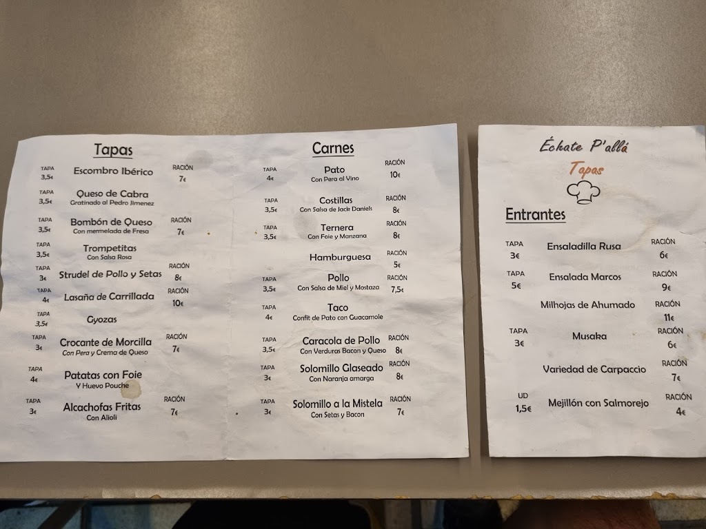 Bar restaurante Echate P'alla tapas — Carta