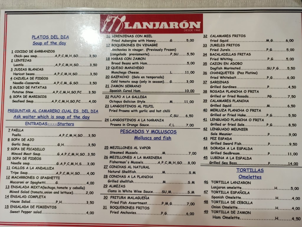 Restaurante Lanjaron — Carta