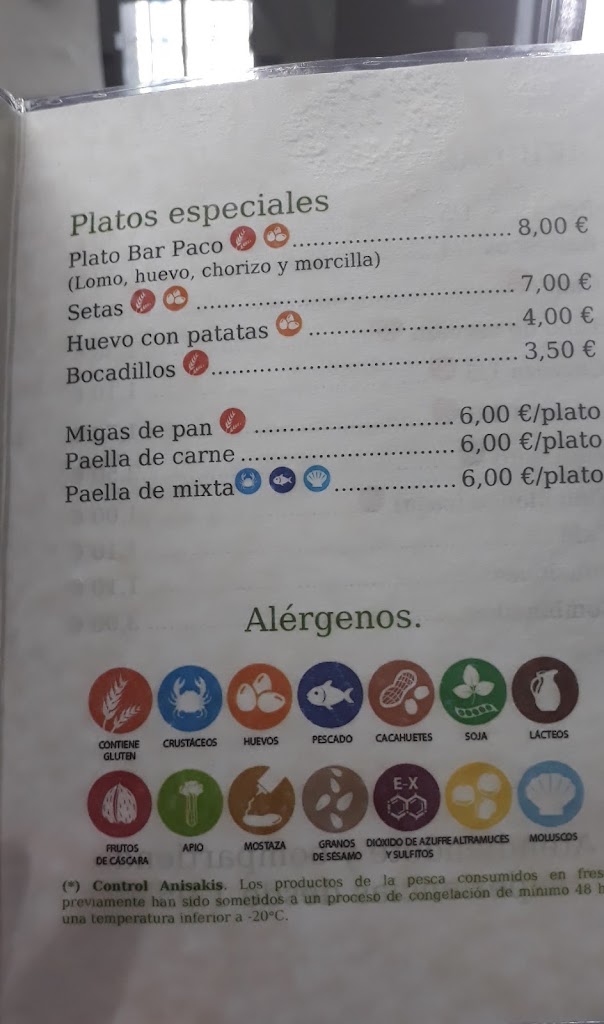 Bar Paco Zagrilla Alta — Carta