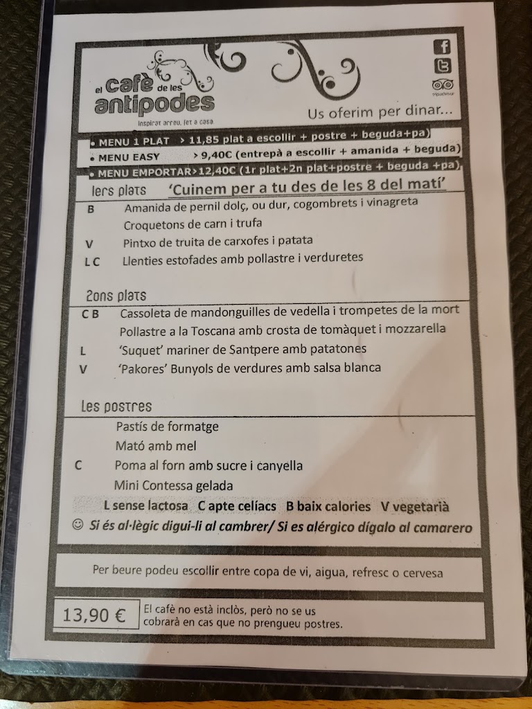 El Cafe de les Antipodes — Carta