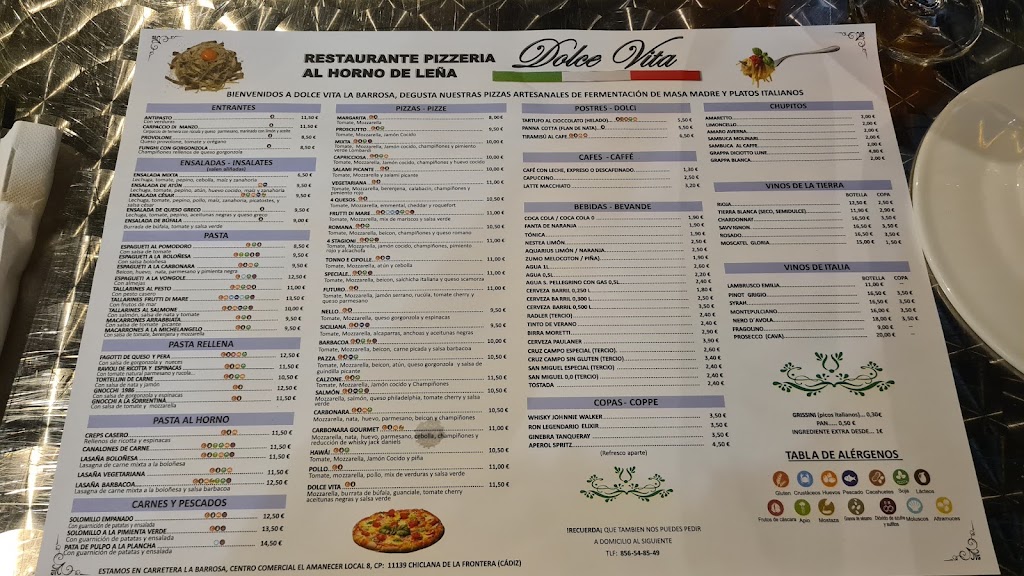 Restaurante Pizzeria Dolce Vita La Barrosa — Carta