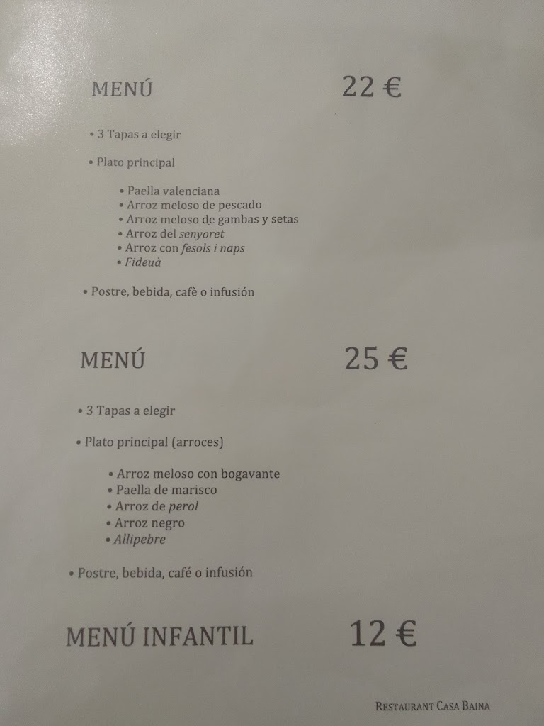 Restaurante Casa Baina — Carta
