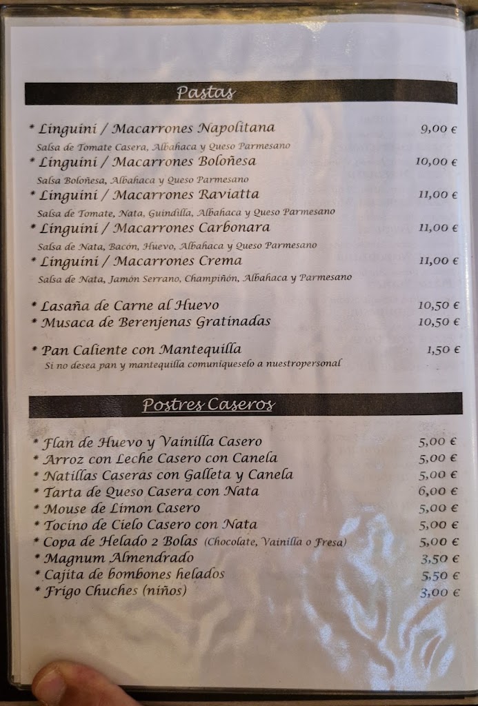 Restaurante Pizzeria Manolo — Carta