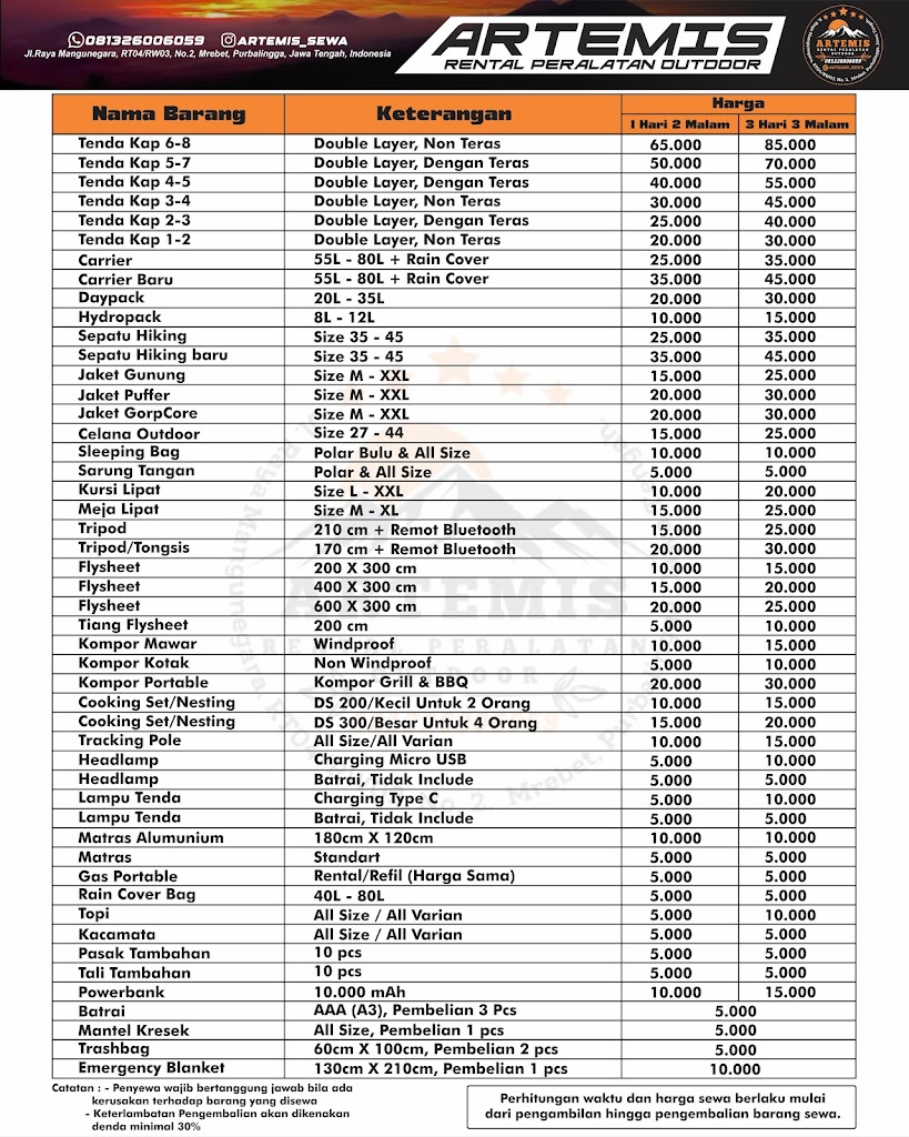 Artemis Sewa Alat Camping & Pendakian