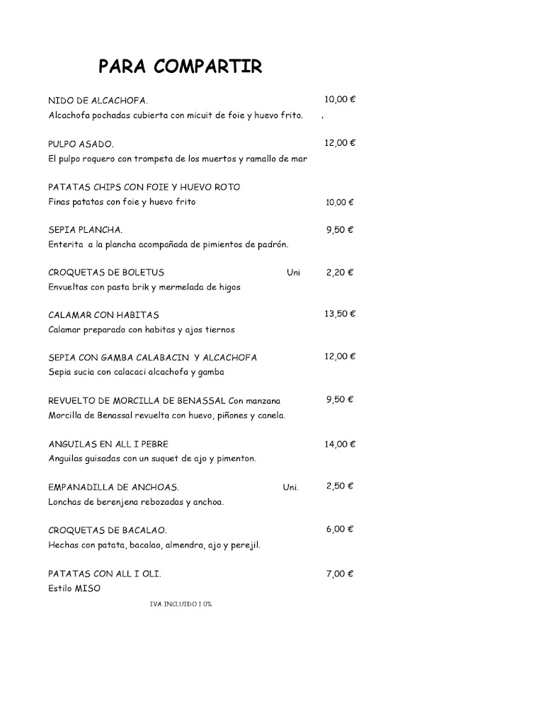Restaurante El Miso — Carta