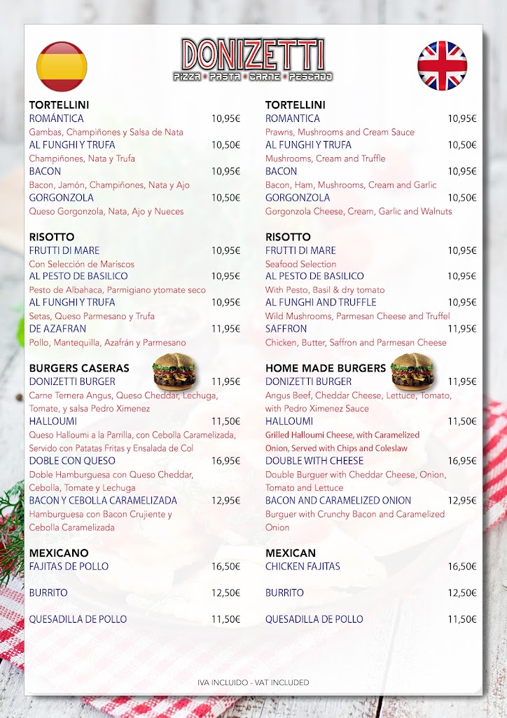 Donizetti Italian Restaurant Fuengirola — Carta