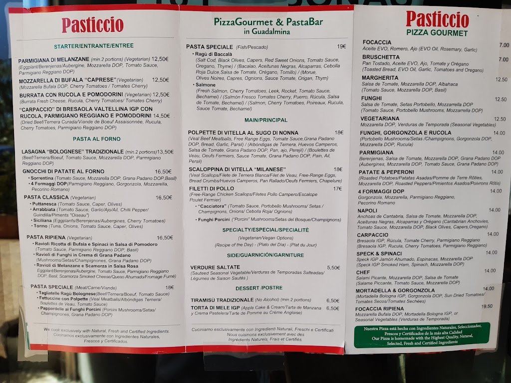 PASTICCIO PIZZA Y PASTA — Carta