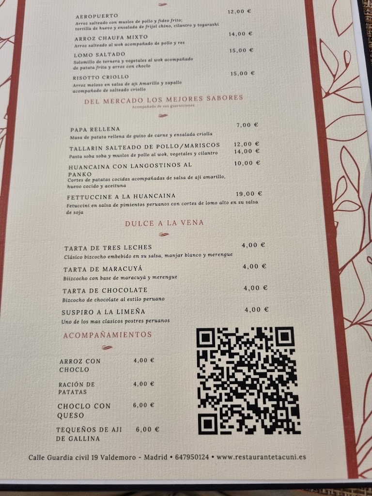Restaurante Peruano Tacuni — Carta