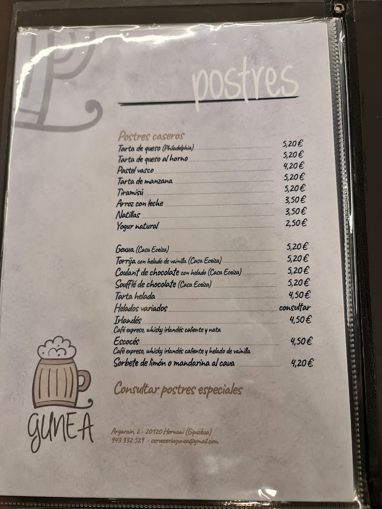 Cerveceria Gunea — Carta