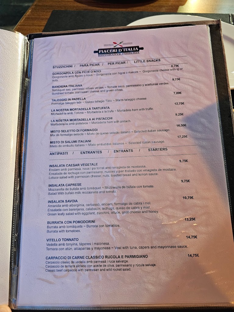 Restaurante Pizzeria Piaceri d'Italia — Carta