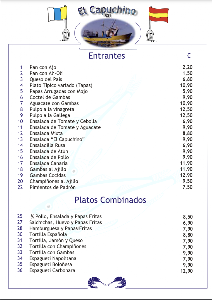 El Capuchino 501 Bar Restaurante — Carta