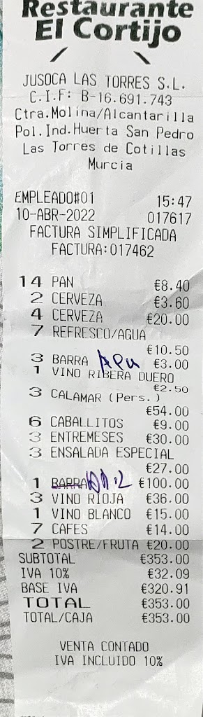 Bar El Cortijo — Carta