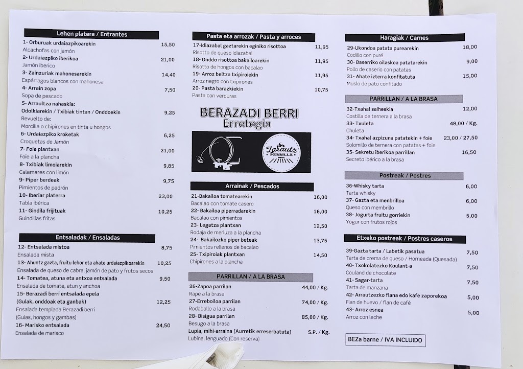 Hotel Restaurante Berazadi Berri — Carta