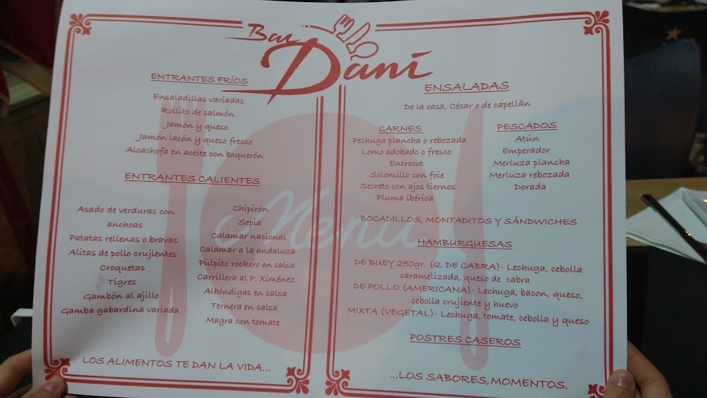 Bar restaurante Dani — Carta