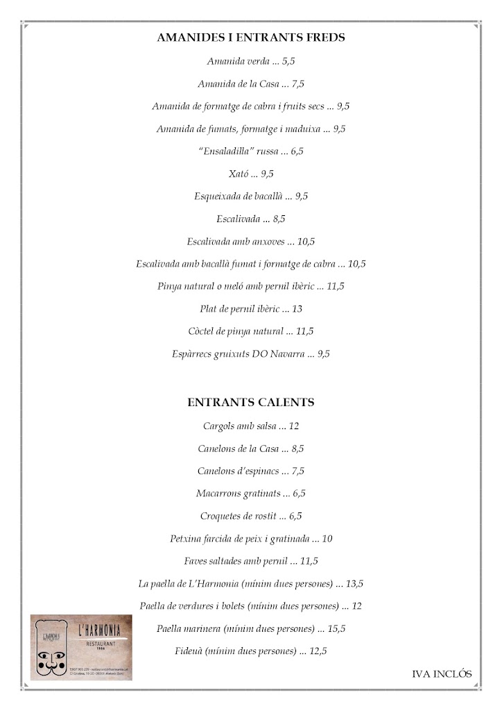 Restaurante L'Harmonia — Carta