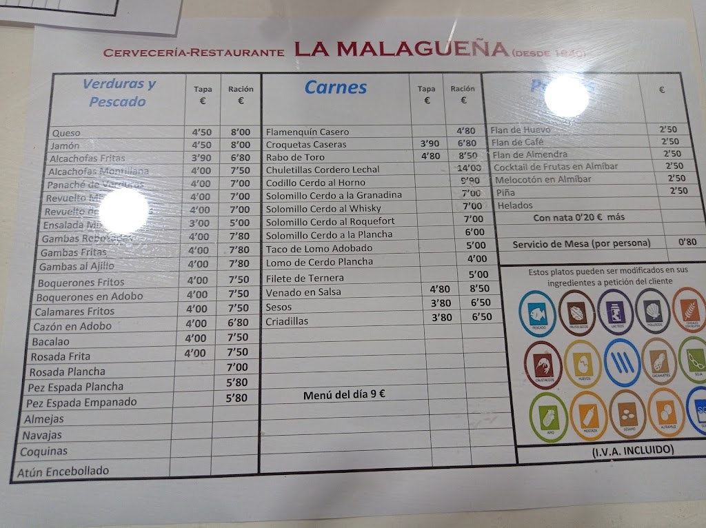 Restaurante La Malaguena — Carta