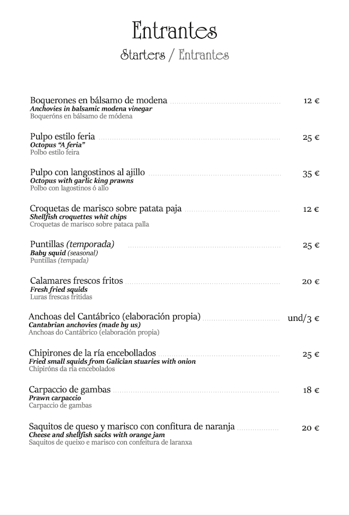 Taberna del Nautico Sanxenxo — Carta