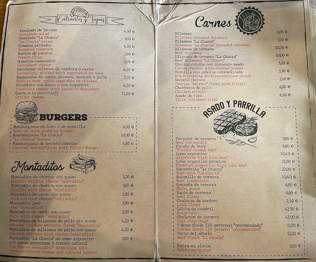 La Chacra tapas grill — Carta