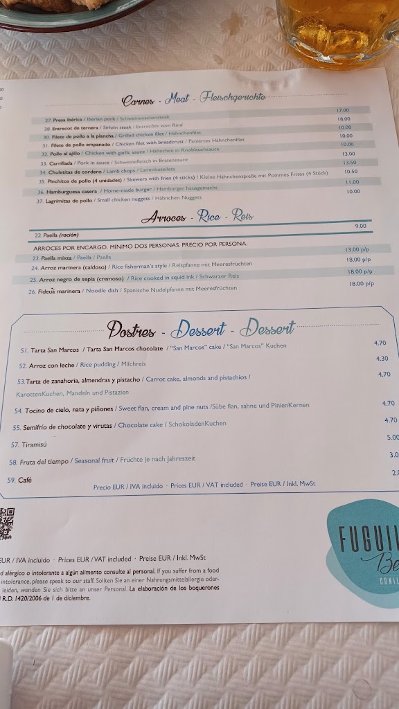 Chiringuito Fuguilla Beach — Carta