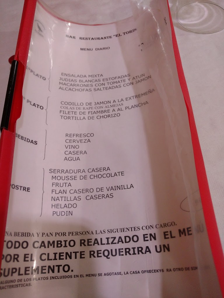 Bar Restaurante El Tordo — Carta