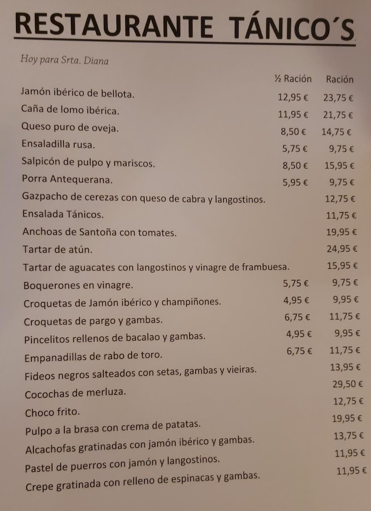 Restaurante Tanicos — Carta