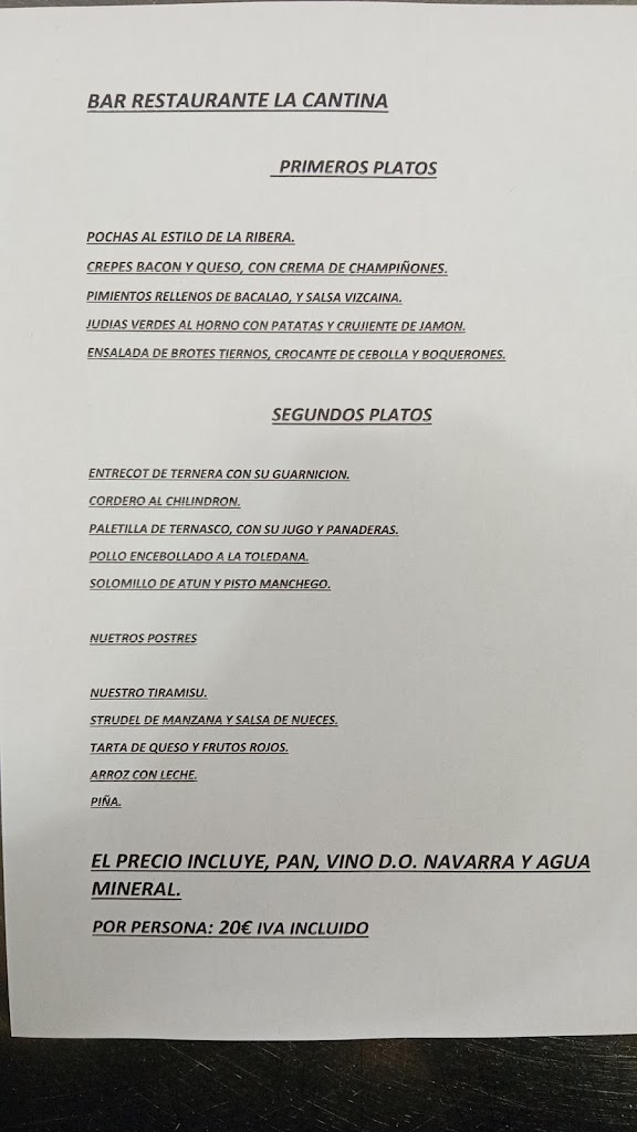 Bar Restaurante La Cantina — Carta