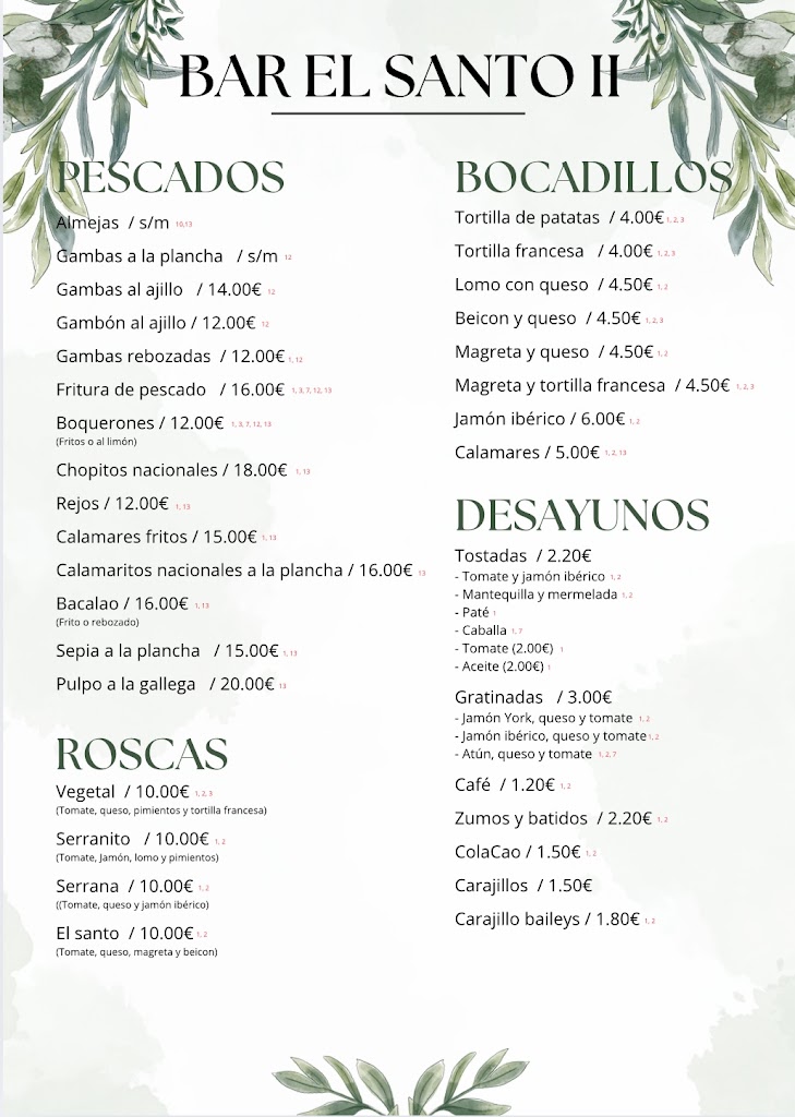 Bar El Santo II — Carta