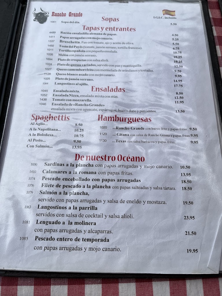 Restaurante Rancho Grande — Carta