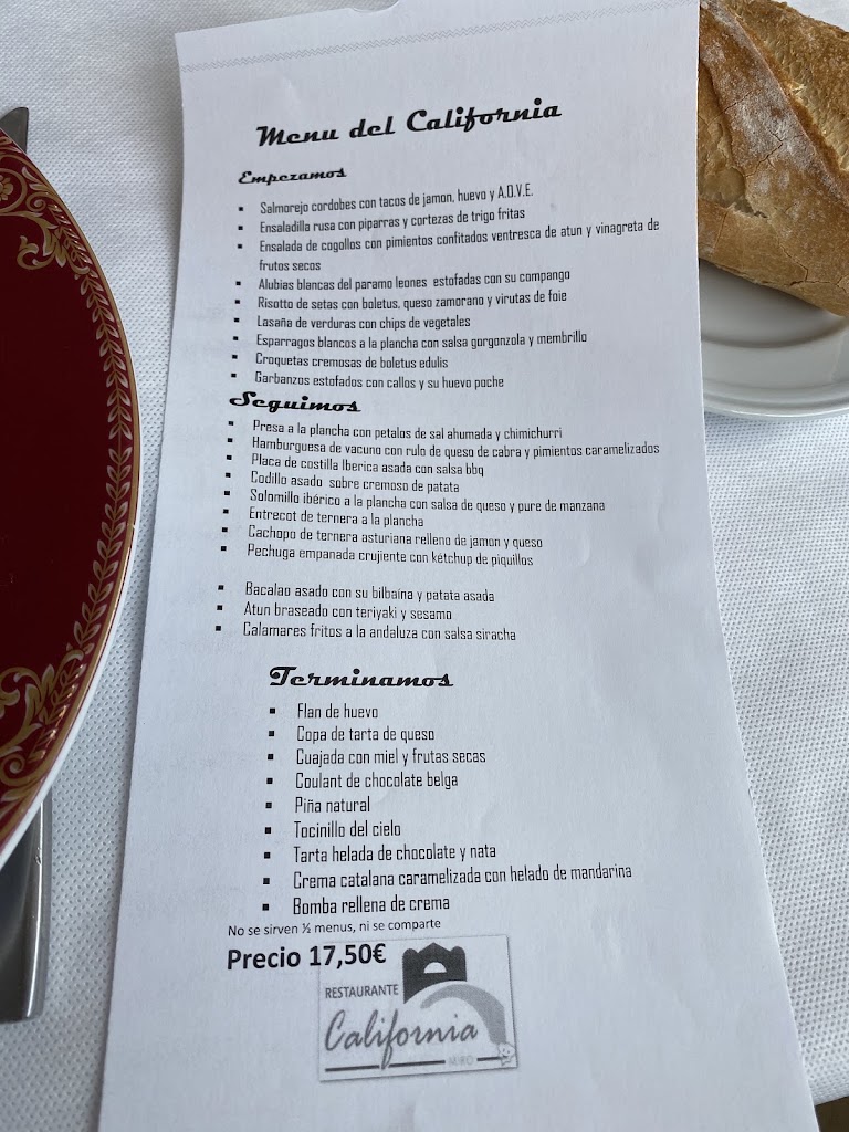 Restaurante California — Carta