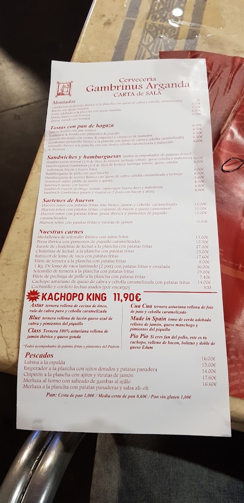 Cerveceria Gambrinus Arganda — Carta