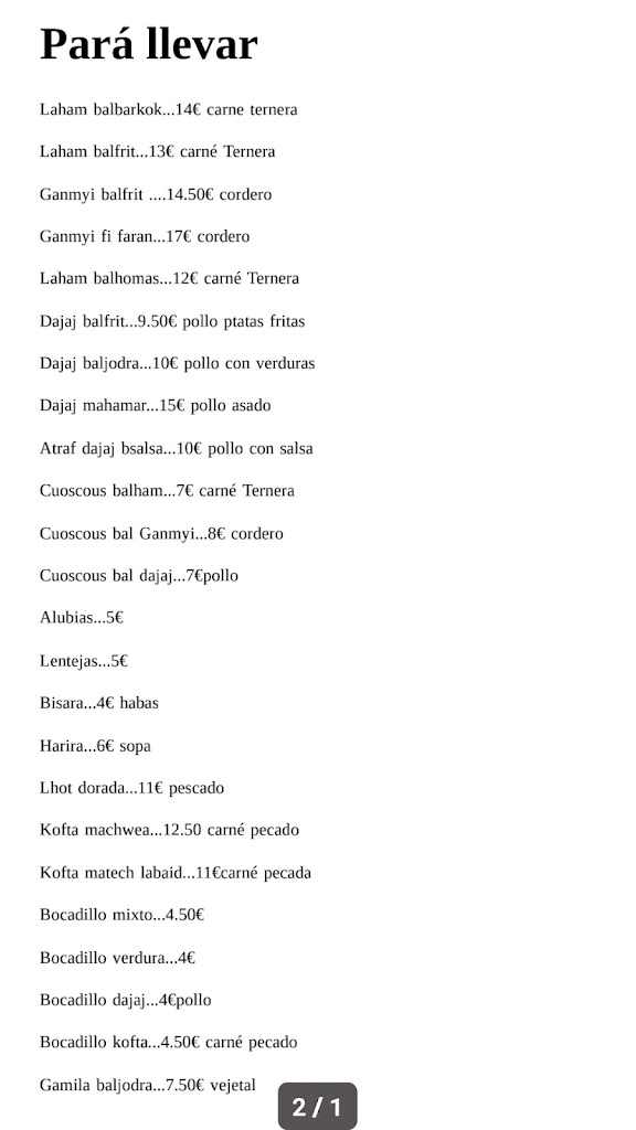 restorante halal Dydy Comida Marroqui — Carta