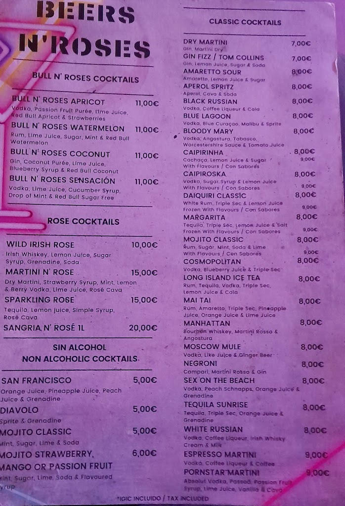 Beers N' Roses Lanzarote — Carta