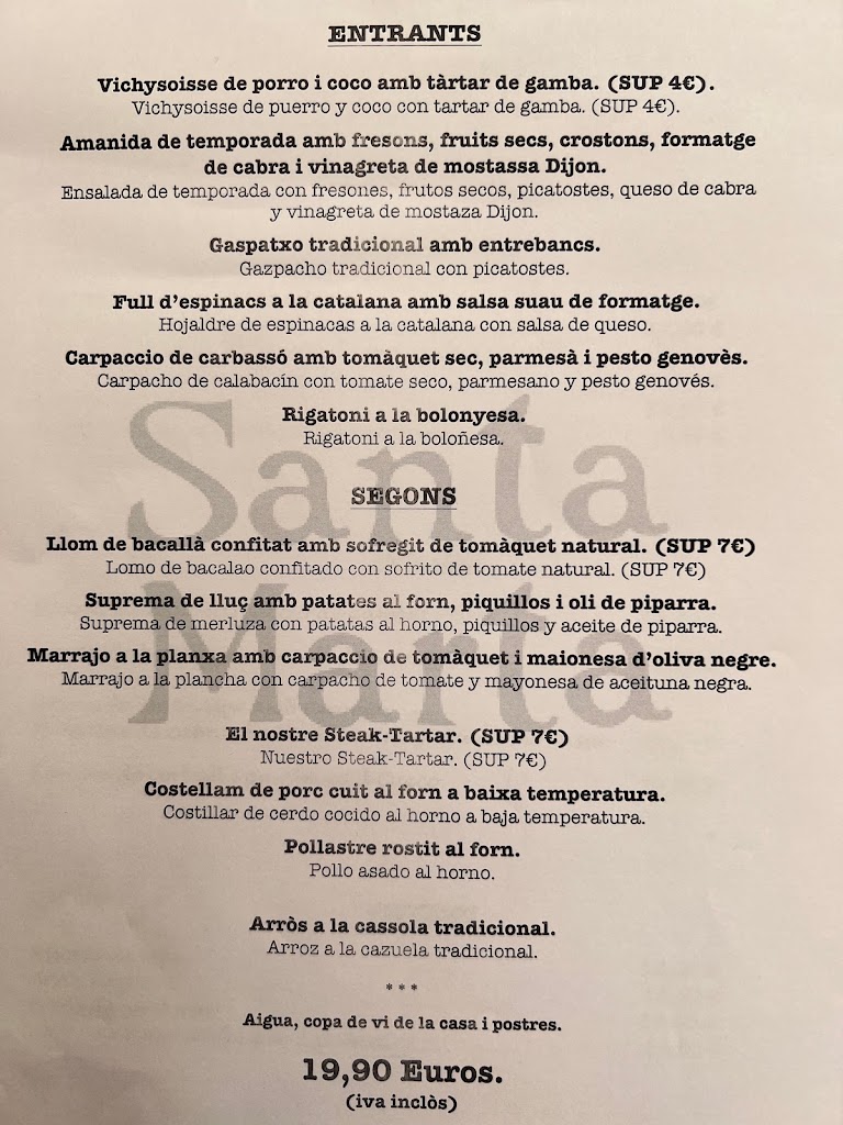 Restaurant Santa Marta — Carta