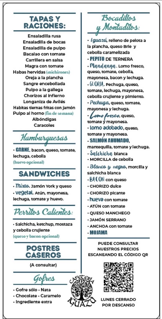 Cafeteria Iguazu — Carta