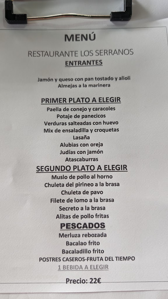 Restaurante Los Serranos — Carta