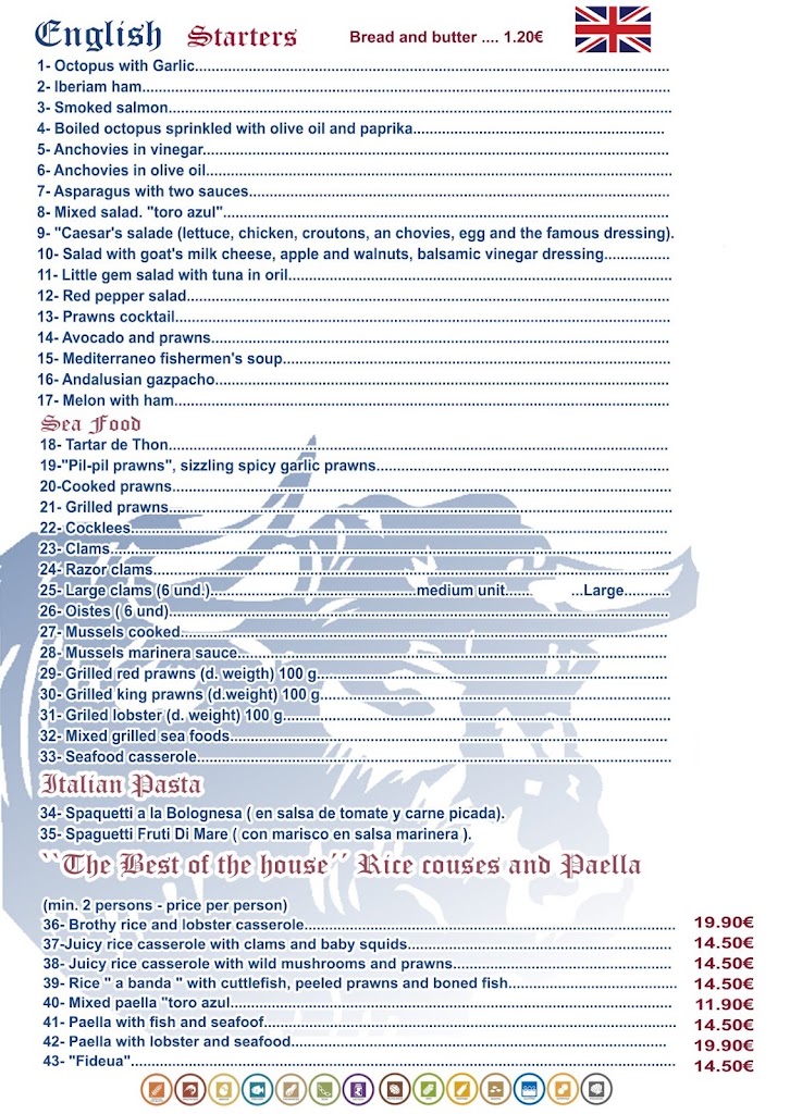 Restaurante El Toro Azul — Carta