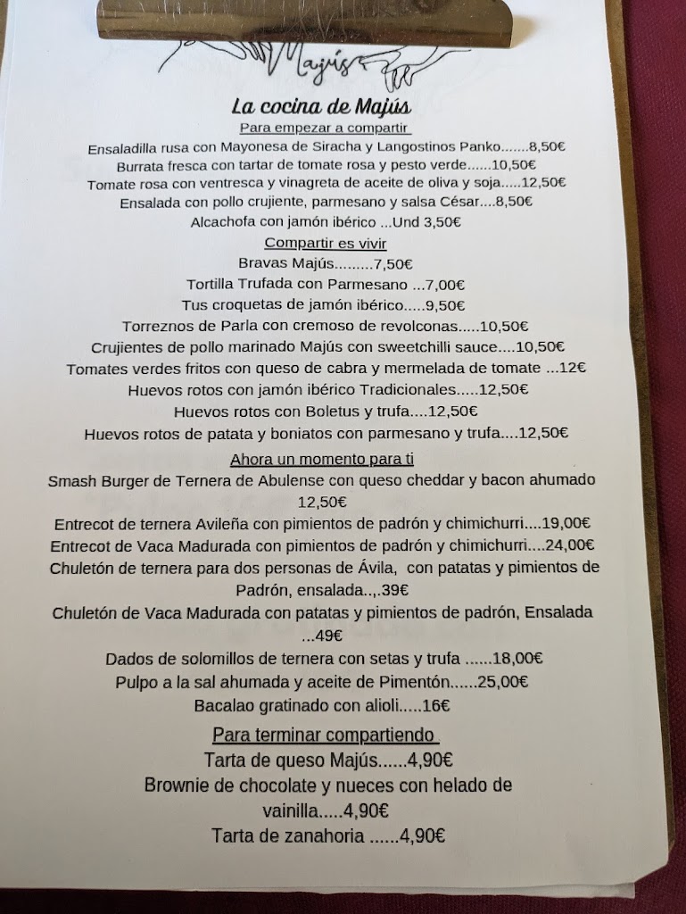 Majus restaurante — Carta