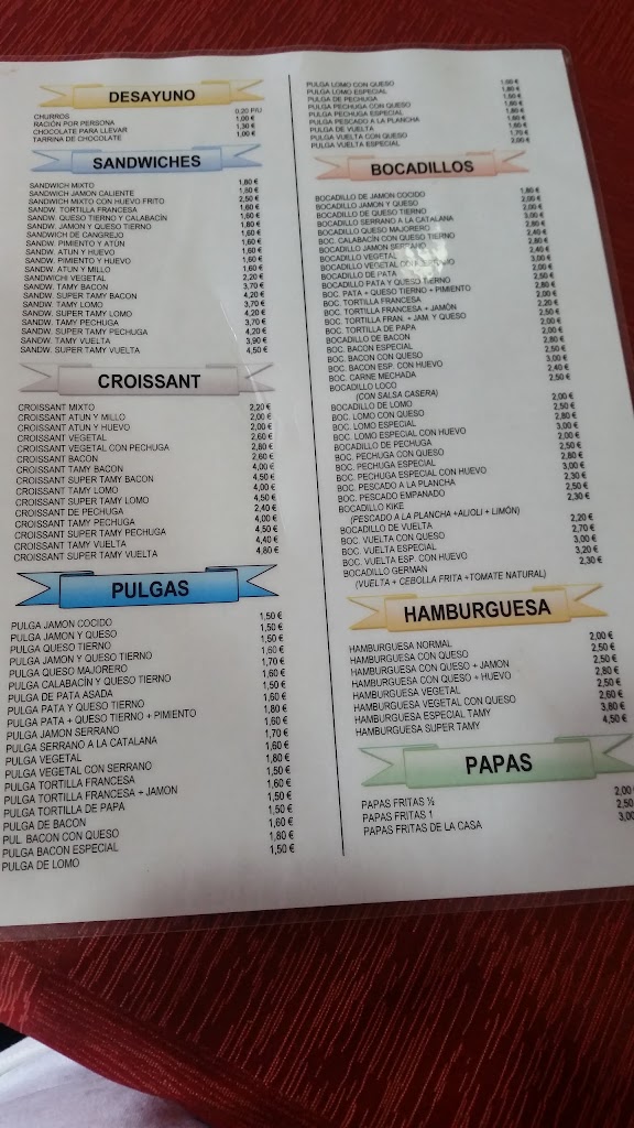 Bar Cafeteria Tamy — Carta