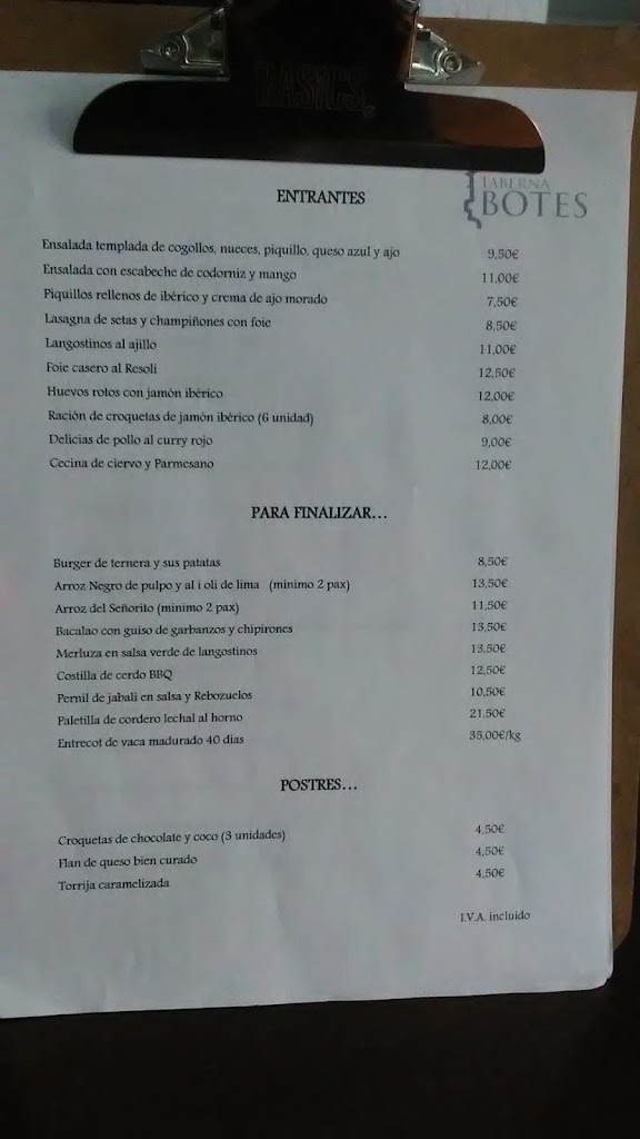 Taberna Botes — Carta