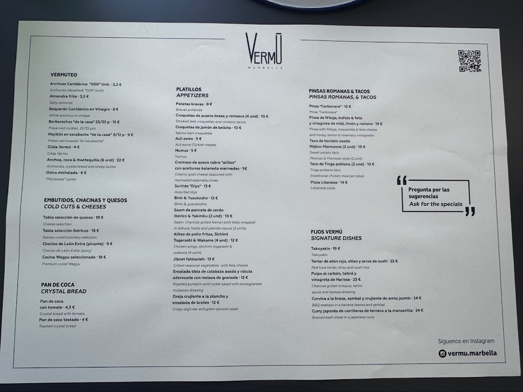 Restaurante Vermu marbella — Carta