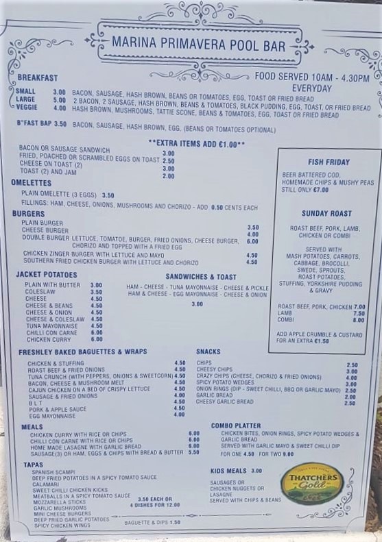 Marina Primavera Pool Bar — Carta