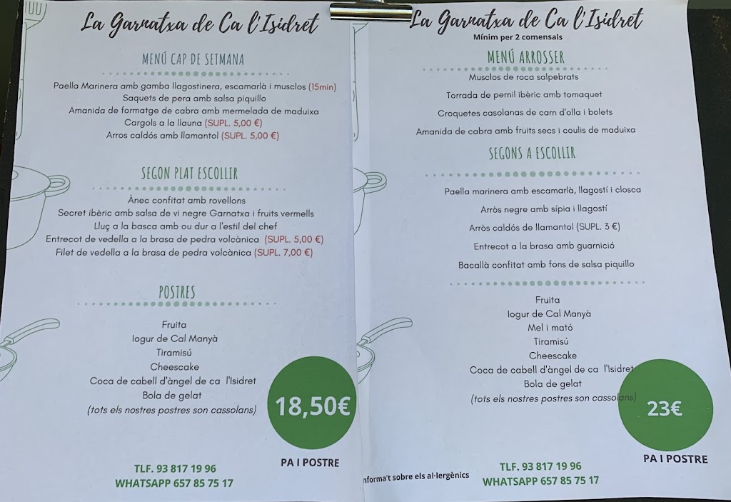 Restaurant la Garnatxa — Carta
