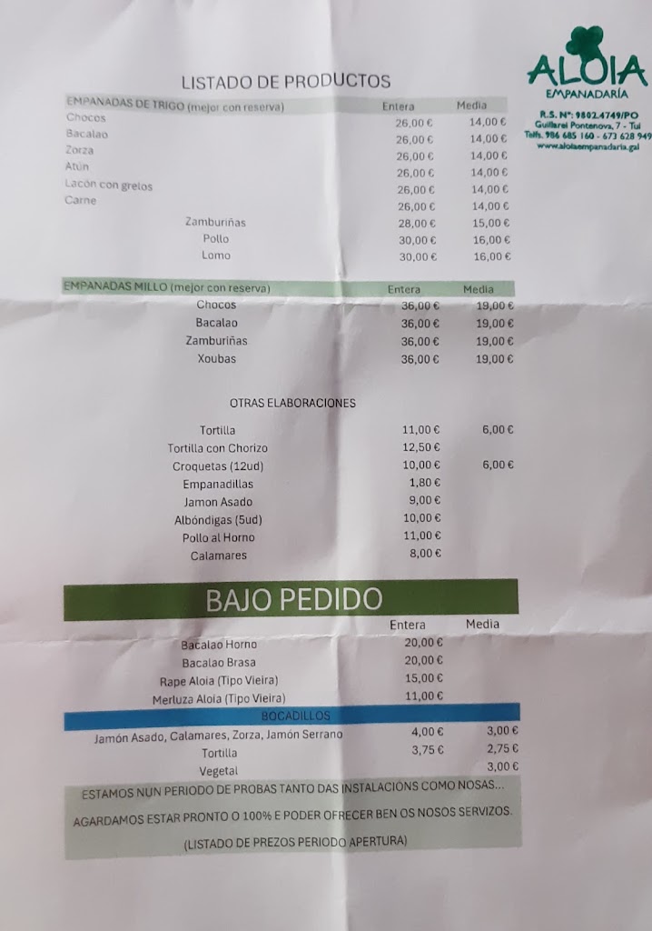 Aloia empanadaria - Empanadas de trigo e millo, empanadillas e comida para levar en Tui — Carta