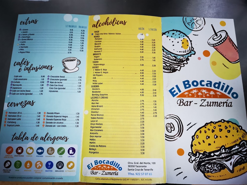 Bar Zumeria El Bocadillo de Tacoronte — Carta