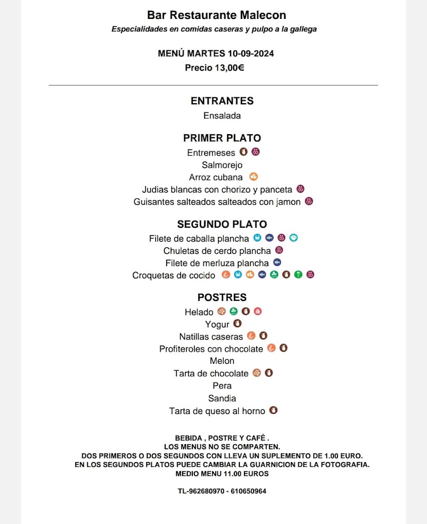 Restaurante Malecon — Carta