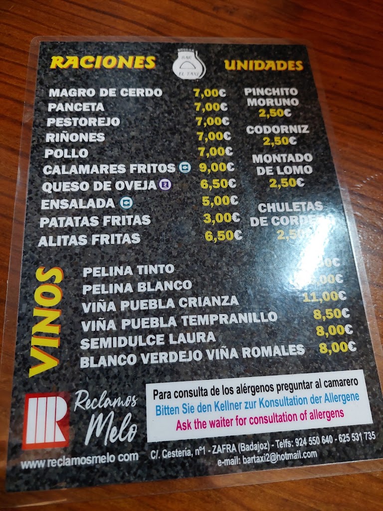 Bodega El Taxi — Carta