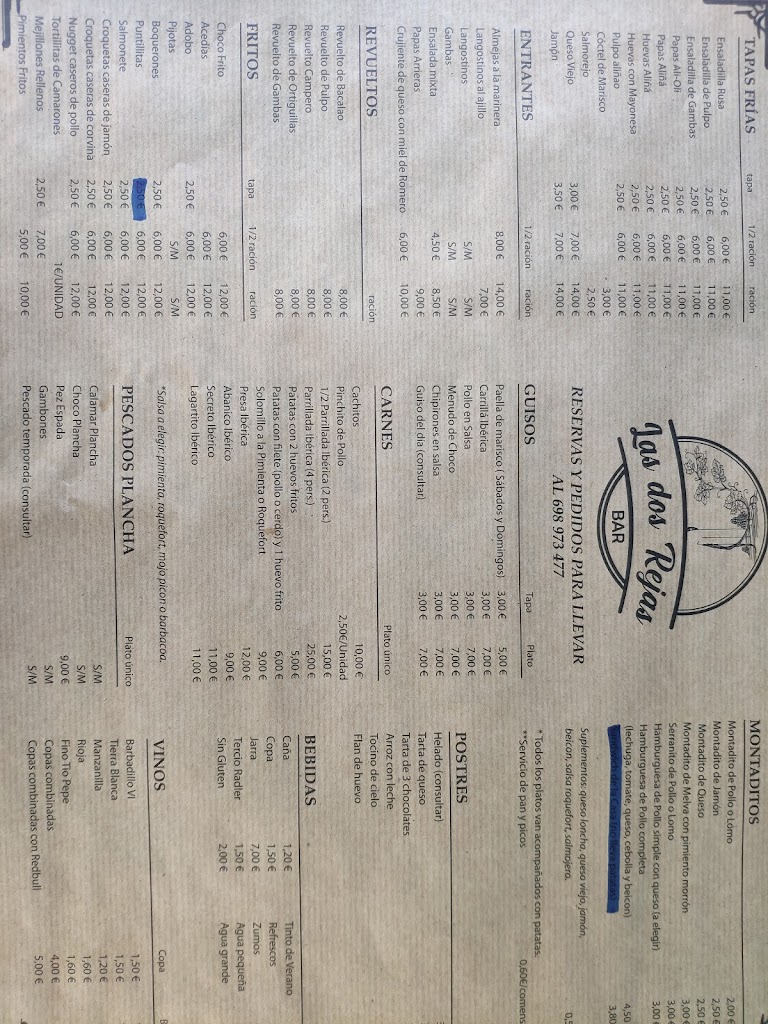 Las Dos Rejas Bar Chipiona — Carta