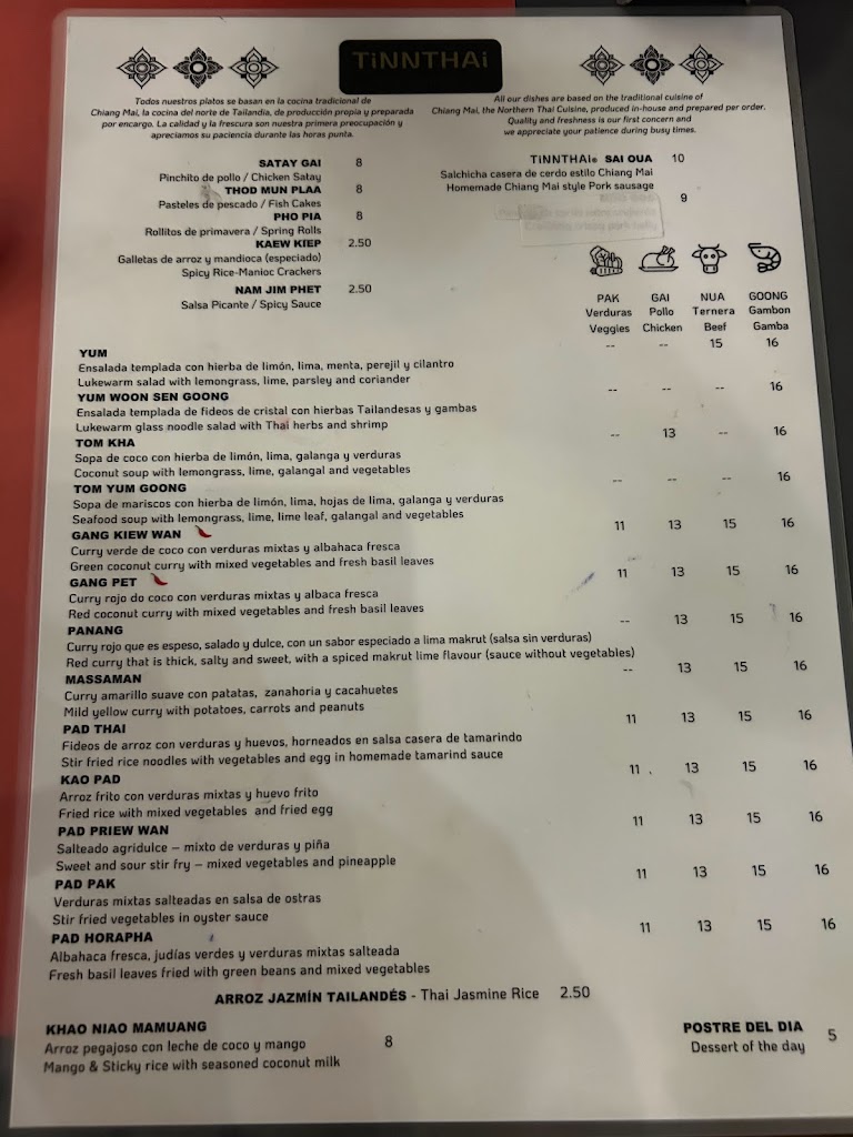 TiNNTHAi Thai Restaurant Torremolinos — Carta