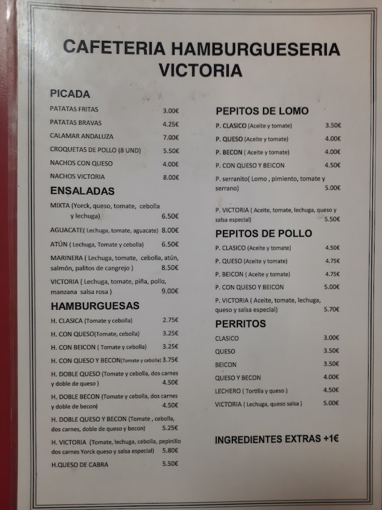 Cafeteria Victoria — Carta