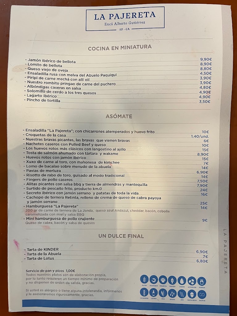 Restaurante La Pajereta — Carta